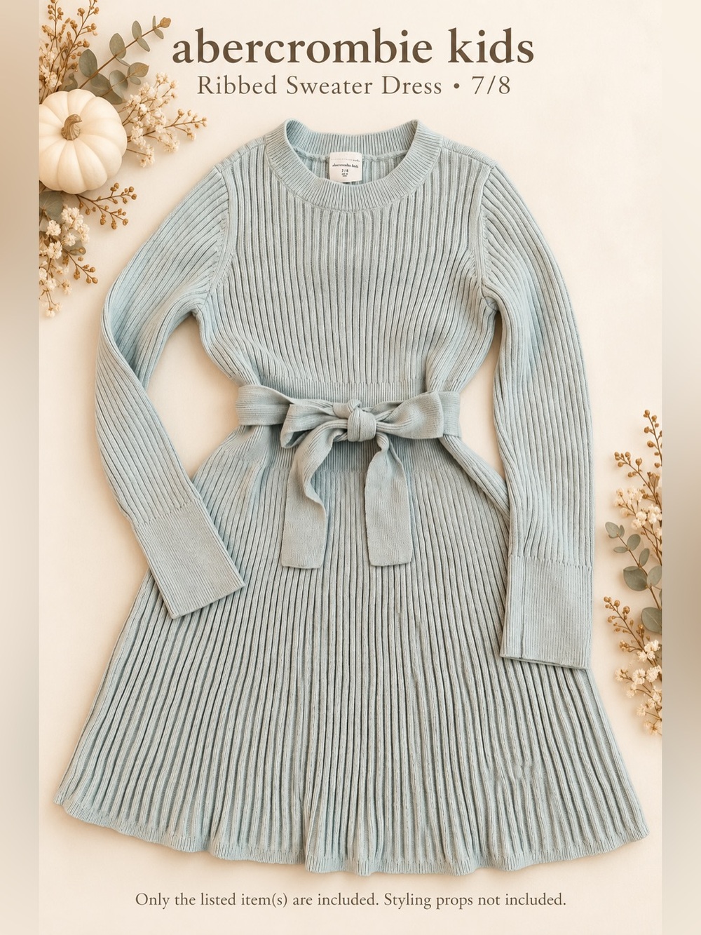 Abercrombie Kids Girls 7/8 Pale Sage Blue Green Ribbed Belted Sweater Dress